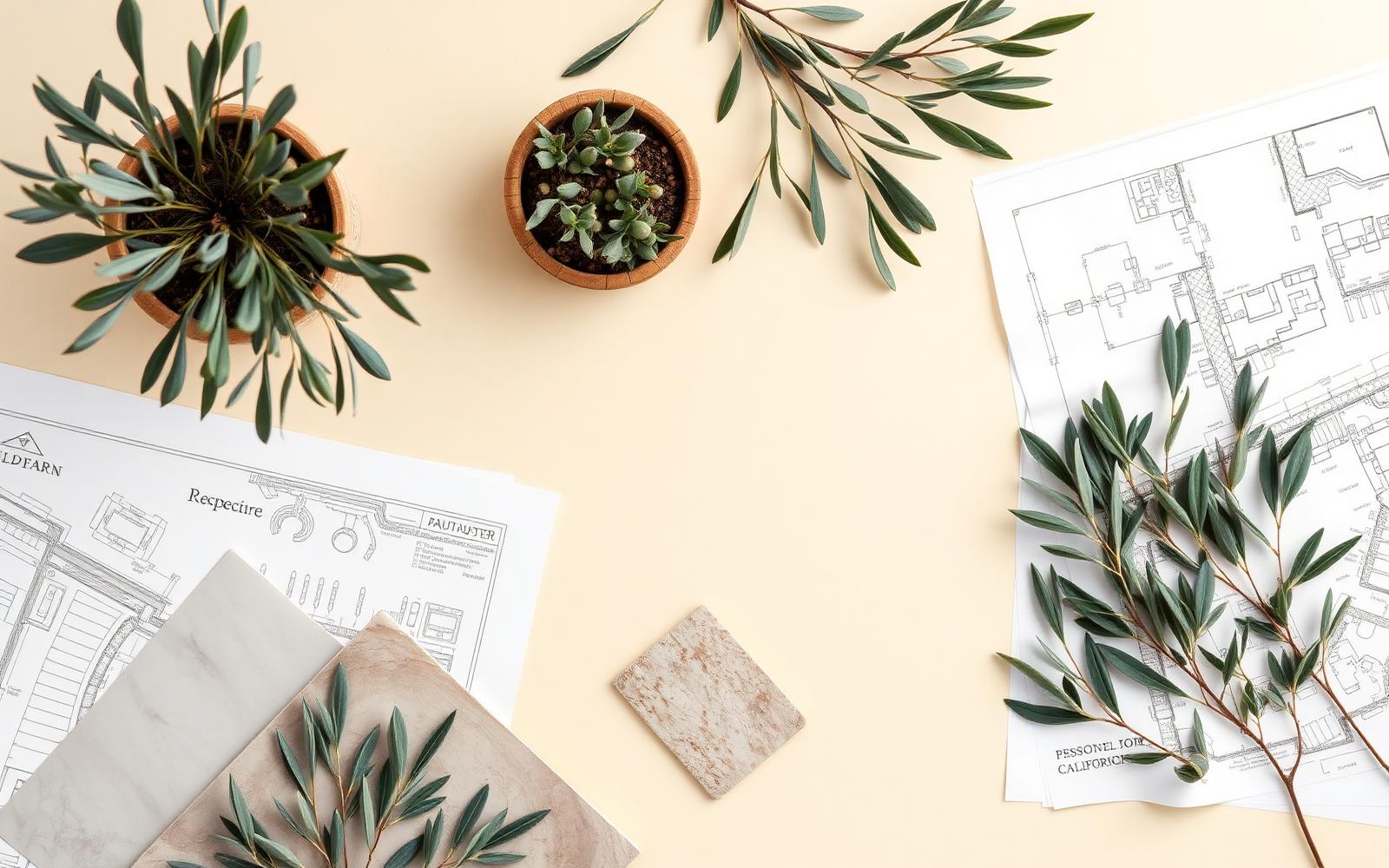 Landscape architect plans, plant samples, and stone materials